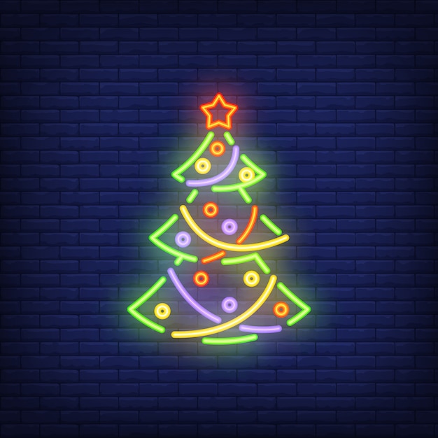 Neon christmas tree with ornaments. festive element. Free Vector