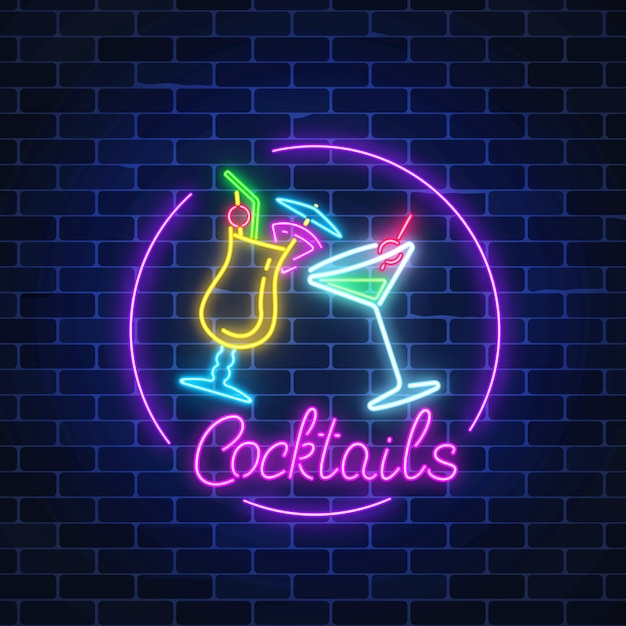 Premium Vector Neon Cocktails Bar Sign In Circle Frame With Lettering On Dark Brick Wall 