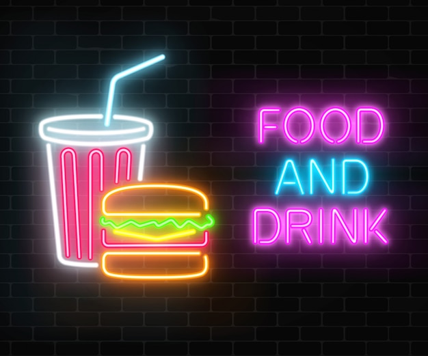 Premium Vector | Neon food and drink glowing signboard on a dark brick