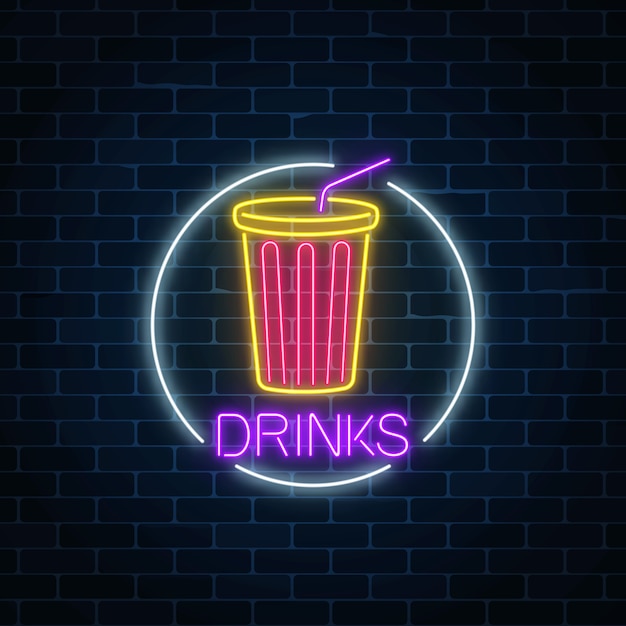 Premium Vector | Neon glowing sign of cold soda drink in circle frame