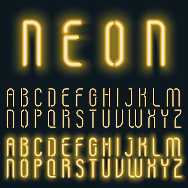 Neon golden yellow light alphabet font. glowing text ...