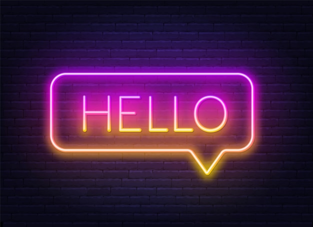 Neon Gradient Sign Of Word Hello In Speech Bubble Frame On Dark ...