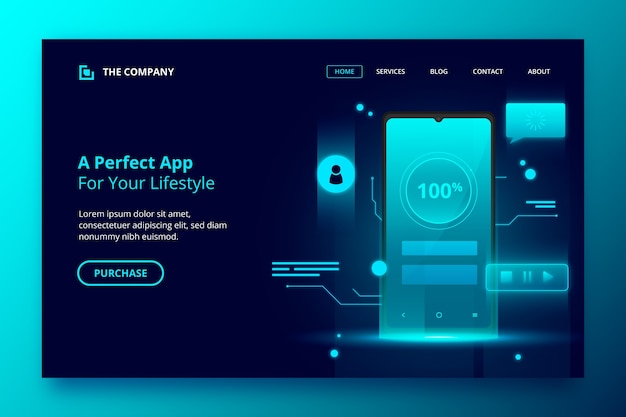 Neon landing page template with smartphone Free Vector