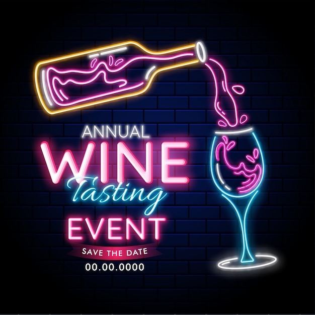 Premium Vector Neon Lighting Effect With Wine Bottle And Drink Glass On Blue Brick Wall Background For Wine Tasting Annual Event Or Party Concept Can Be Used As Advertising Template Or