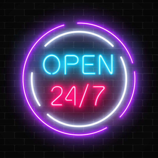 Premium Vector | Neon open 24 hours 7 days a week sign in circle shaps ...