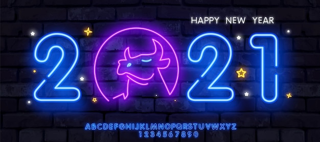 Premium Vector Neon Ox New Year 21 Greeting Card Neon Blue Letters 21 Neon Sign Bright Signboard Light Banner