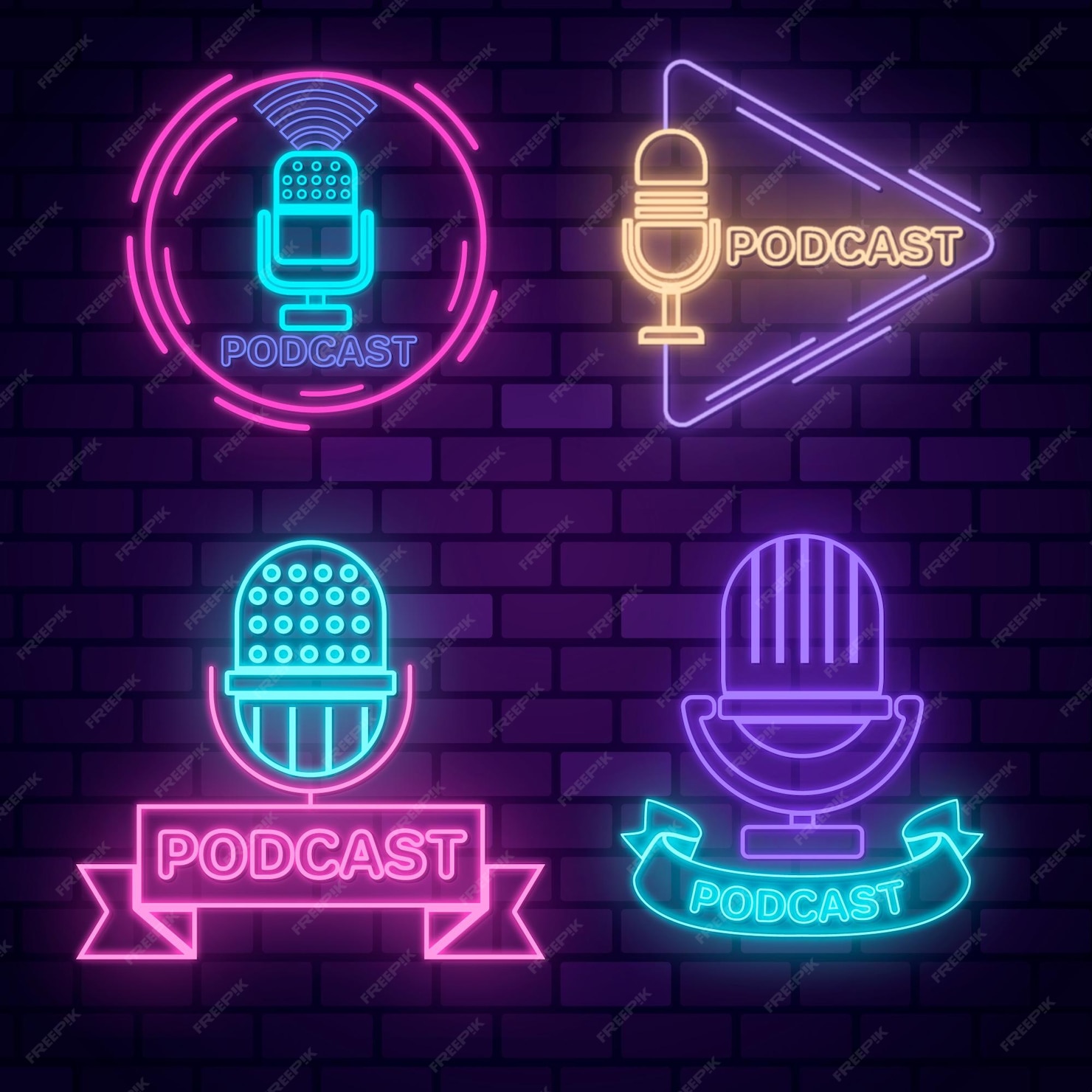 Premium Vector | Neon podcast logo collection