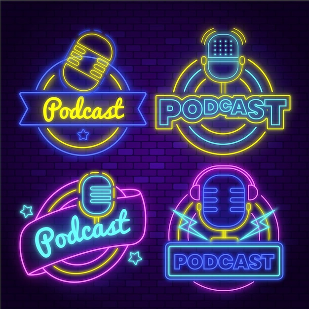 Premium Vector | Neon podcast logo collection