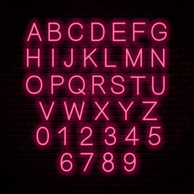 壁に分離されたネオン赤文字 輝くフォント 英語のアルファベット プレミアムベクター