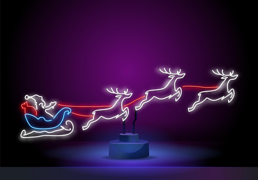 Premium Vector | Neon santa claus neon reindeer neon santa in a sleigh