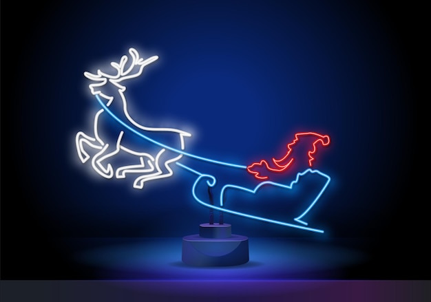 Premium Vector | Neon santa in a sleigh pulled by a deer neon santa