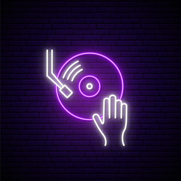 Premium Vector | Neon vinyl sign dj hand on vinyl sound mixer
