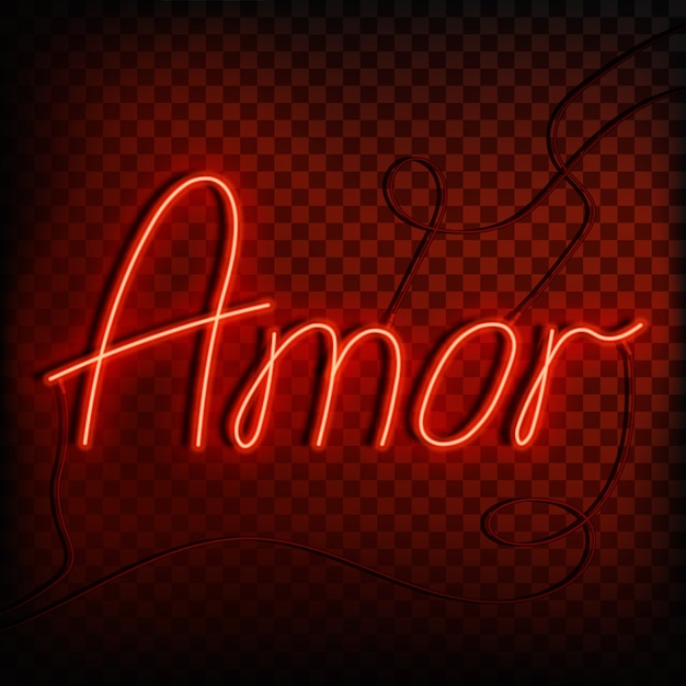 スペイン語とポルトガル語でのネオン語の愛 幸せなバレンタインデーのデザインの鮮やかな赤い記号要素 図 プレミアムベクター