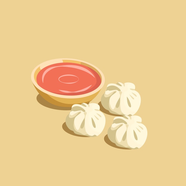 Nepalese traditional momos dumpling with tomato dip sauce Premium Vector