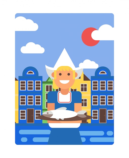 シンプルなフラットスタイル イラストでオランダのポスター 背景にアムステルダムの古い家屋 ニシンの皿を保持している伝統的なオランダの衣装で笑顔の女の子 プレミアムベクター