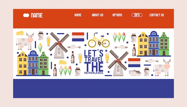 プレミアムベクター オランダ旅行のアイコン イラスト ツアー代理店のウェブサイトのデザイン オランダ国旗の色のランディングページテンプレート オランダの風車 自転車 チューリップの主なシンボル