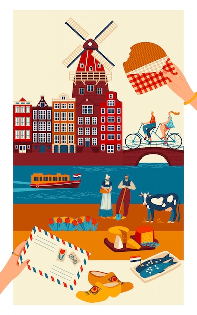 Premium Vector Netherlands Travel Postcard Main Symbols Of Dutch Culture And Sightseeing 6250