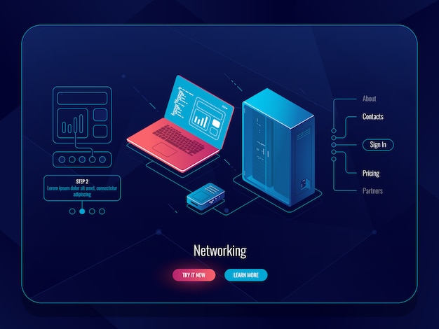 Networking scheme isometric, data exchange, transfer data from computer to server Free Vector