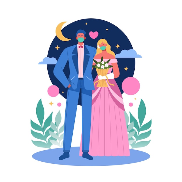 Download New normal wedding bride and groom wearing masks | Free Vector
