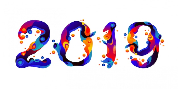New year 2019 liquid and fluid colorful sparks typography Premium Vector