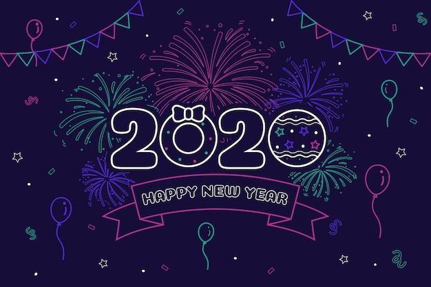 New year 2020 background in outline style Free Vector