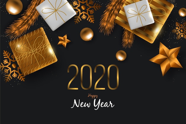 New year 2020 background with realistic golden decoration Free Vector
