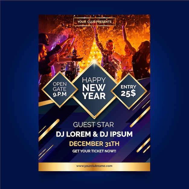 Free Vector New Year Party Flyer Template With Photo