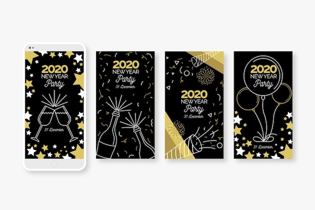 New year 2020 party instagram story collection Free Vector