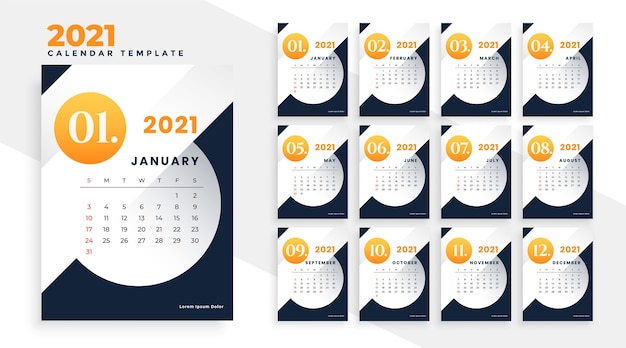 21年の新年のモダンなカレンダーテンプレートのデザインページ 無料のベクター