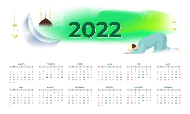 현대적인 스타일의 새해 2022 이슬람 달력 프리미엄 벡터.