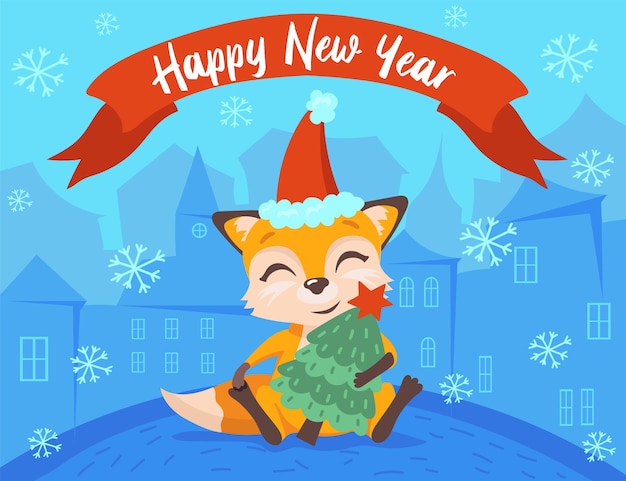 New year card with smiling fox character in snowy town Free Vector