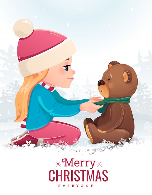 新年のクリスマスカード クマとイラストの女の子 かわいい友情 プレミアムベクター