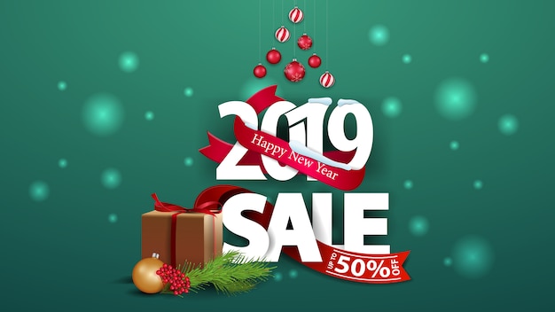 Premium Vector New Year Green Discount Banner With Large Numbers 2019 And Gifts