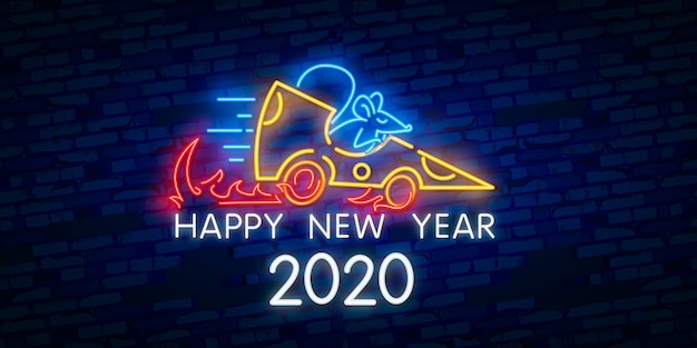 New year neon sign. piece of cheese with two thousand twenty numbers and rat on brick background. vector illustration in neon style Premium Vector