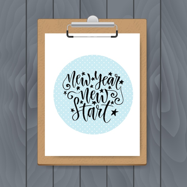 Download Premium Vector New Year New Start Lettering On Clipboard Background Mockup Vector Template On Grey Wood Backdrop
