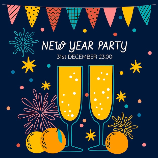 Premium Vector | New year party invitation template in hand drawn flat ...