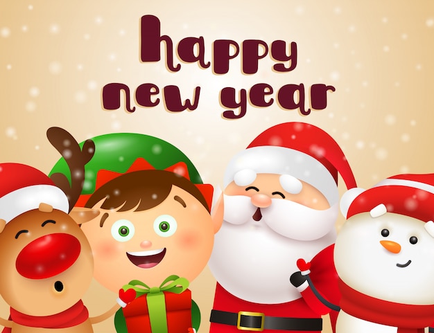 Free Vector | New year postcard design with cartoon characters