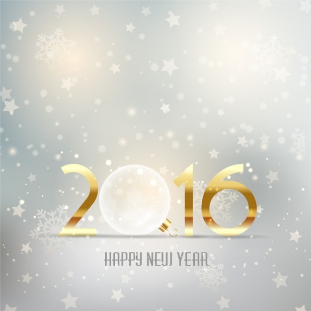 New year with glass ball on a silver\
background