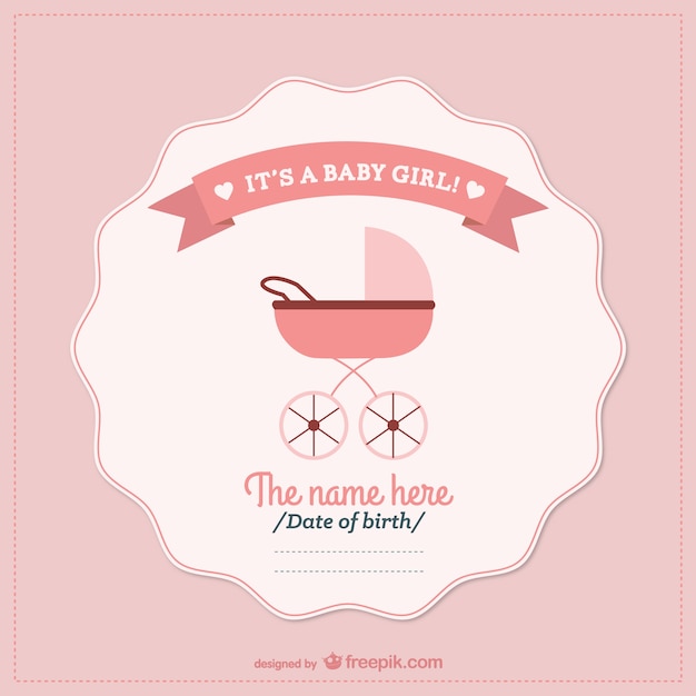 Download Newborn baby girl card with a pink pram Vector | Free Download