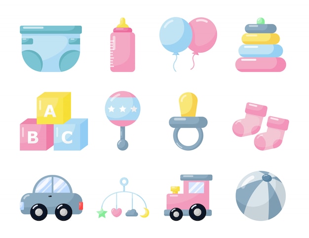 Newborn items. toys and clothes icons. baby care supplies ...