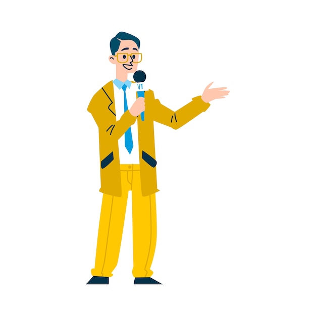 マイク テレビのニュースキャスターの漫画のキャラクターが白い背景 イラストに黄色のスーツとメガネを着て話すニュースレポーター男 プレミアムベクター