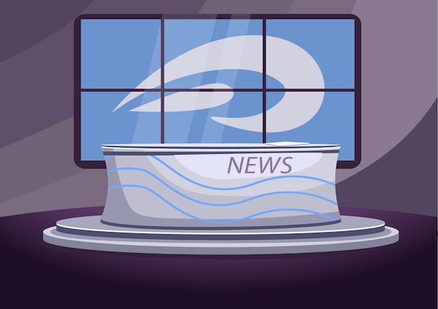 Premium Vector News Studio Flat Color Illustration Empty Newscast Stage 2d Cartoon Interior With Screens On Background Professional News Anchor Newsreader Workplace Tv Channel Broadcasting Studio