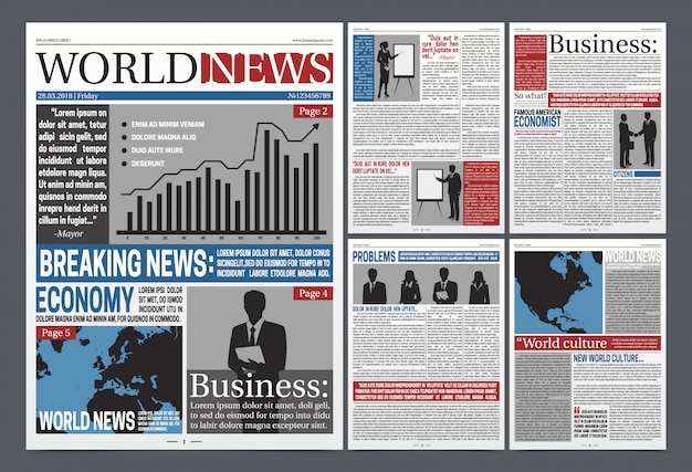 新聞経済ページ現実的なテンプレートデザイン世界ビジネスニュース図地図ビジネスマン黒いシルエットベクトルイラスト プレミアムベクター