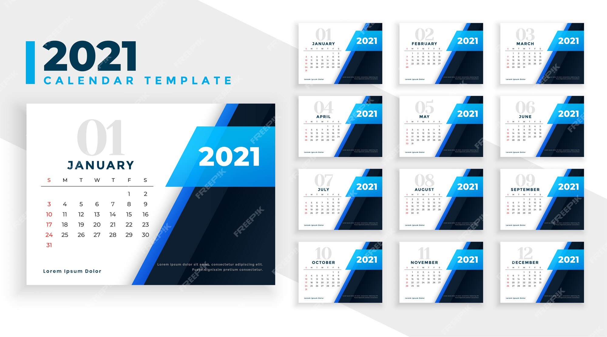 Free Vector | Nice 2021 new year calendar design in blue color theme