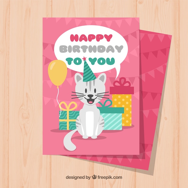 Download Nice birthday card with a cat in flat design | Free Vector