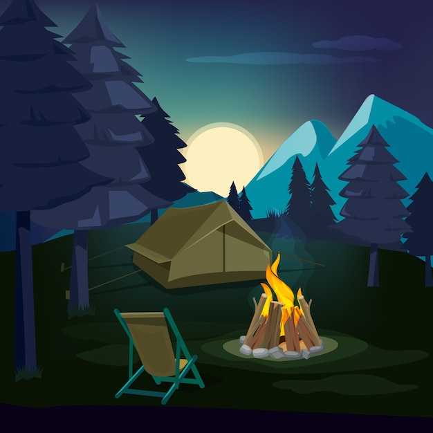 Premium Vector | Night campfire. wooden landscape with tent and ...