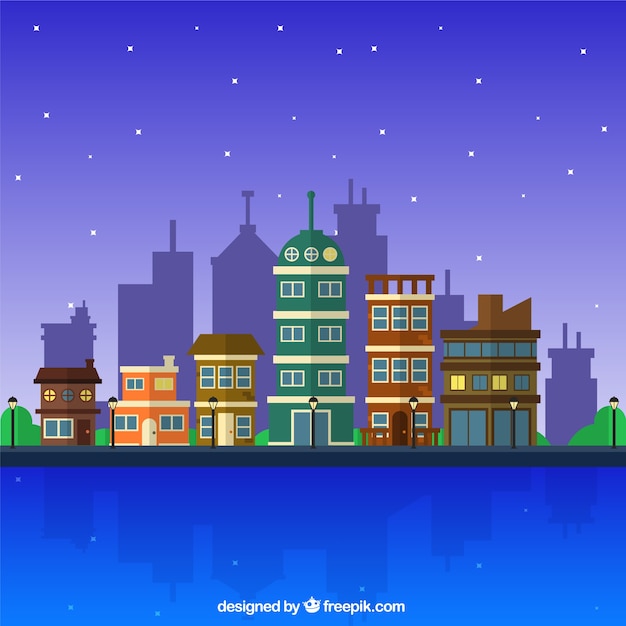 Free Vector | Night city with buildings background in flat design