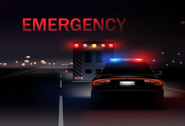 警察と救急車が道路にサイレンを鳴らしている夜の街 リアルなイラスト プレミアムベクター