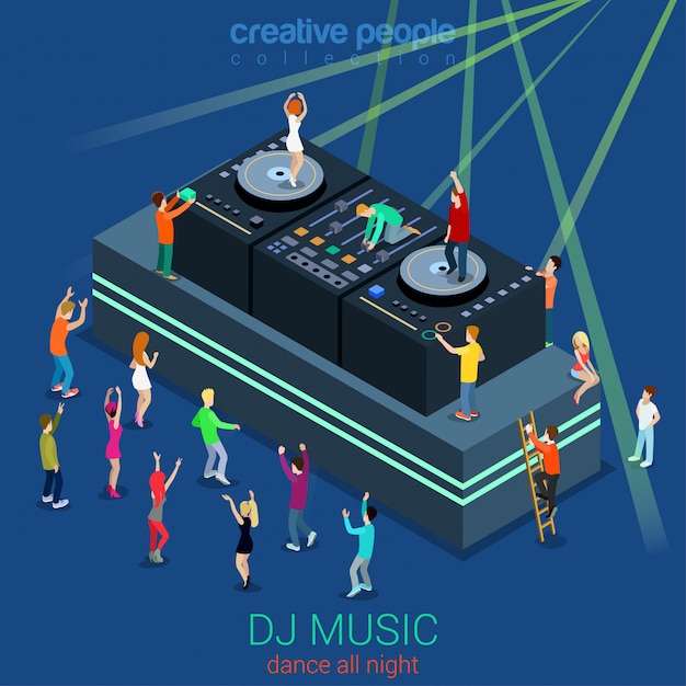 Night club dance dj booth party flat isometric concept people dancing