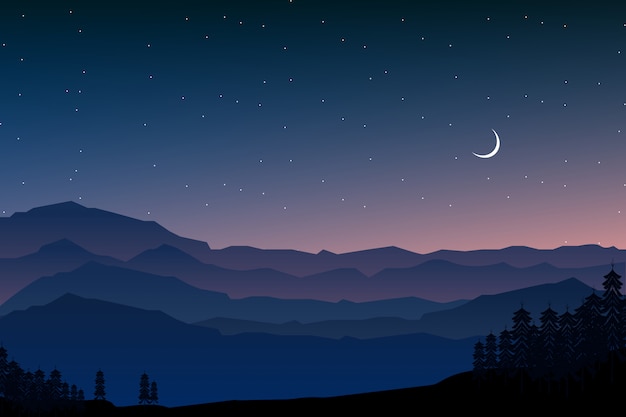 夜の森と山の風景イラスト プレミアムベクター